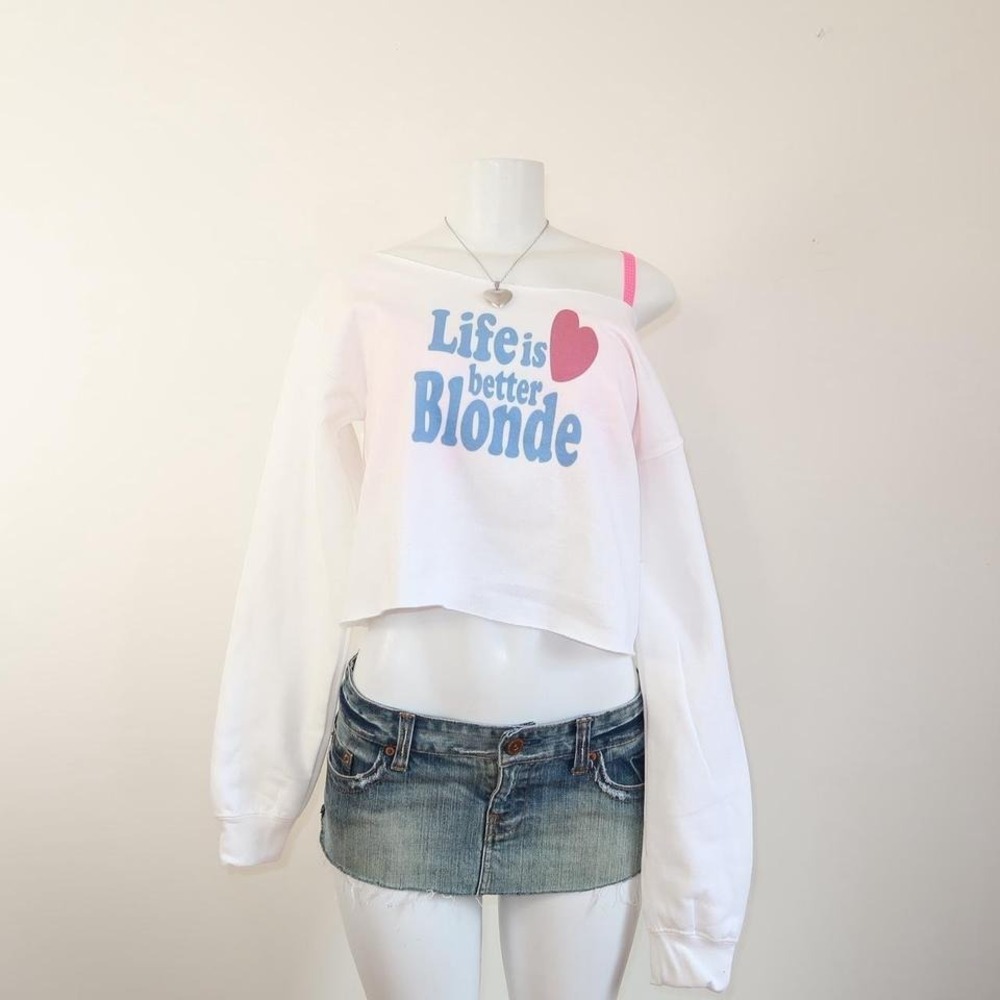 y2k life is better blonde graphic off shoulder cropped sweatshirt mcbling - Picture 4 of 6